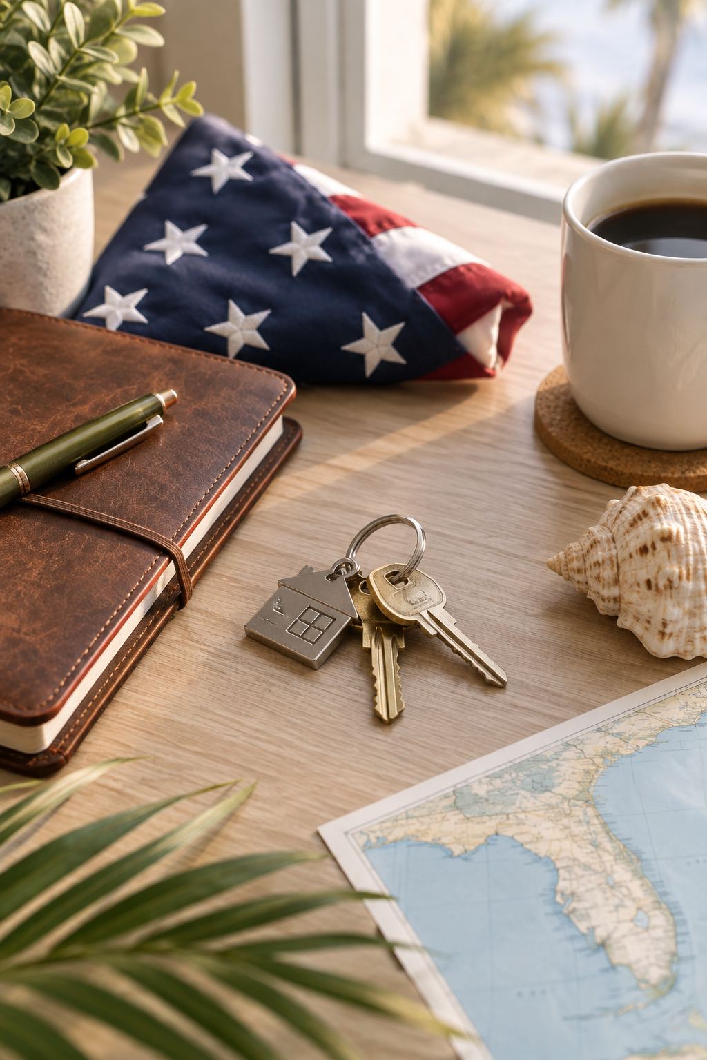 A desk with house keys, a notebook and a moving checklist, illustrative