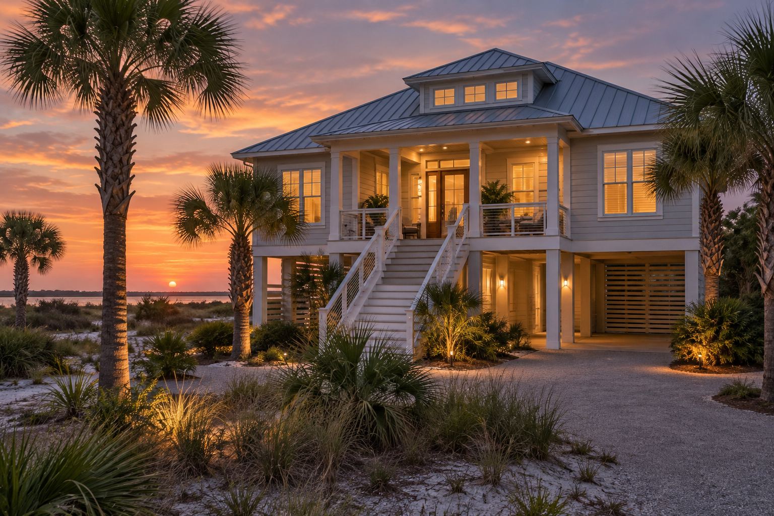 A brick traditional home at dusk, illustrative