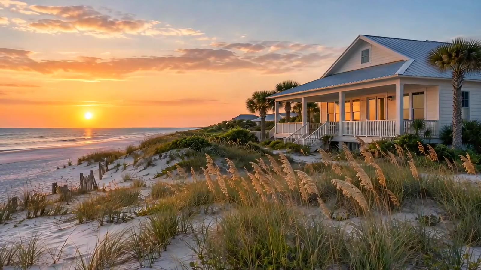 A coastal home on the Florida Panhandle dunes at sunset, illustrative