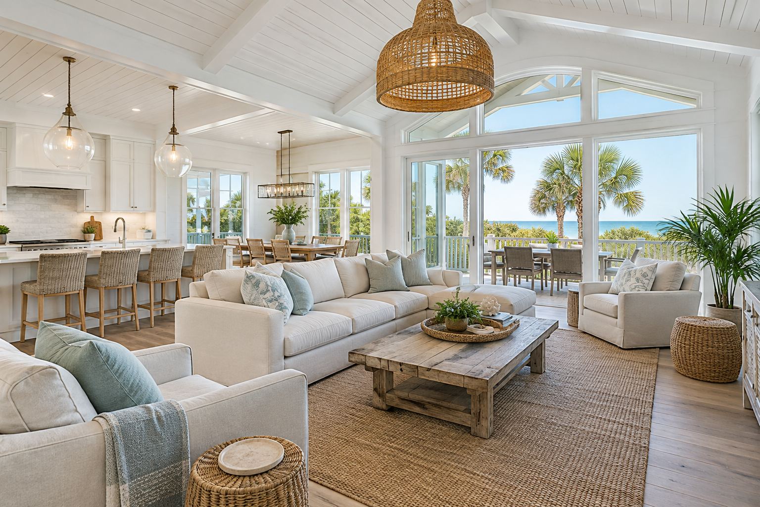 A bright coastal great room, illustrative